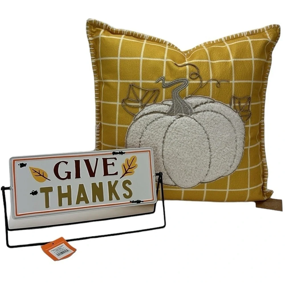 Thro Gold Cream Pumpkin Pillow & Hyde and Eek Reversible Table Top Sign Fall NWT